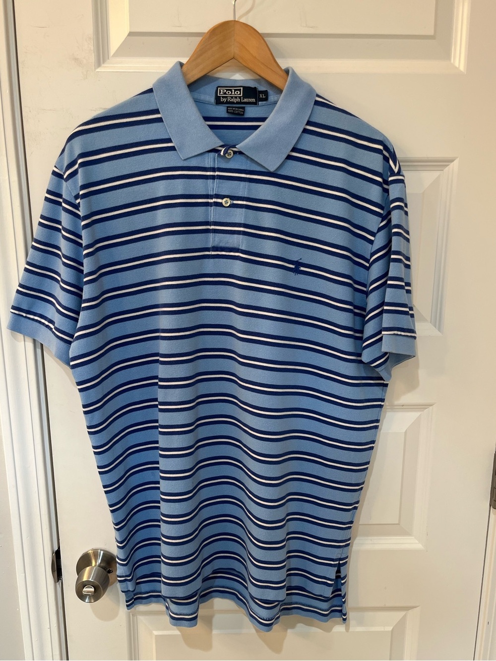 Vintage Polo Ralph Lauren Shirt Mens XL Blue White Horizontal Stripe Cotton